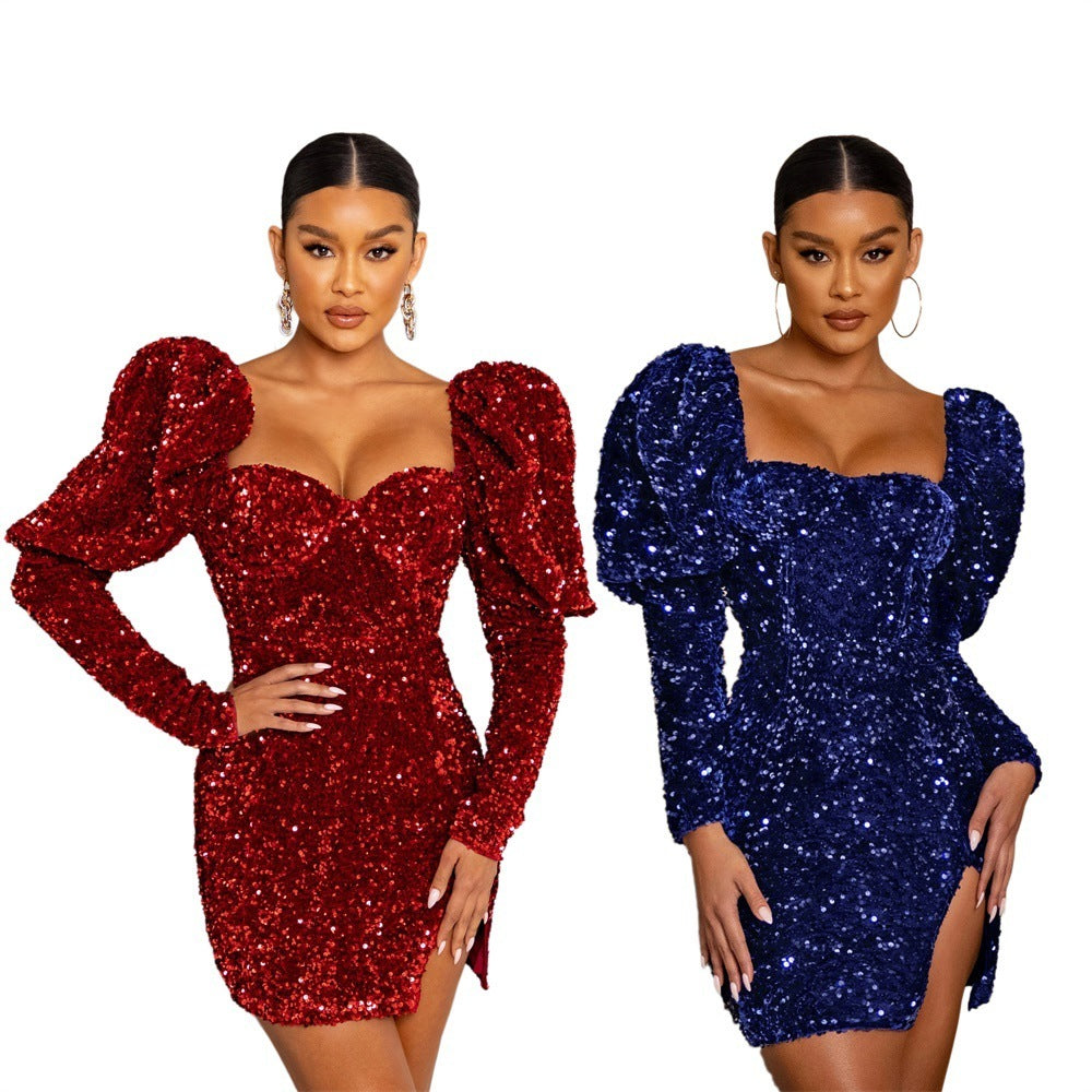 Padded Shoulder Bubble Sleeve Party Dresses For Women