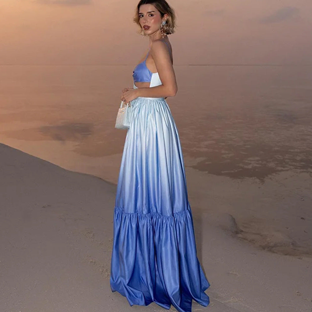 New sexy style gradient dress high waist pleated sleeveless suspender skirt