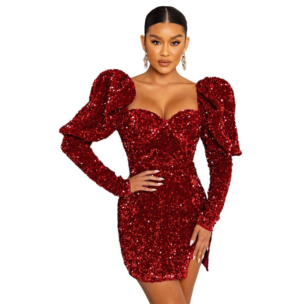 Padded Shoulder Bubble Sleeve Party Dresses For Women