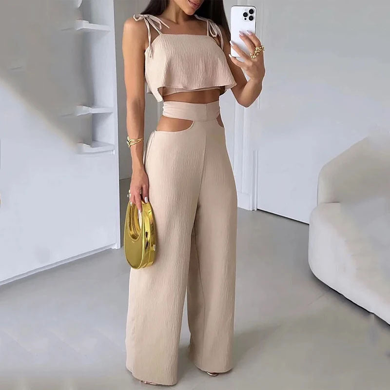 Solid Color Sling Top Hollow-out Trousers Suit
