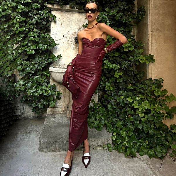 Tube Top Women's Tight Leather Maxi Dress
