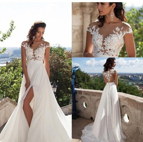 Floor length chiffon bride dress custom side  elegant wedding dress