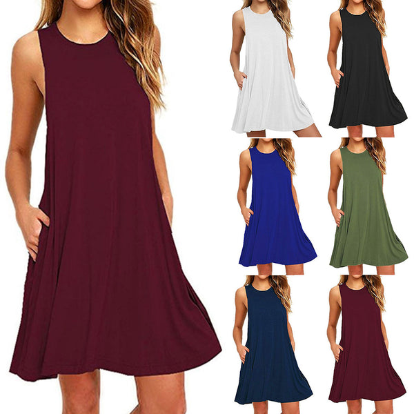 Summer Hot Sale Foreign Trade Solid Color Sleeveless Slim A- line Dress Women