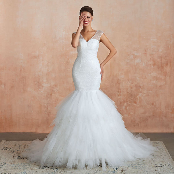 Wedding Dress Big Tail Bride Yarn Mermaid Waist Backless V-Neck
