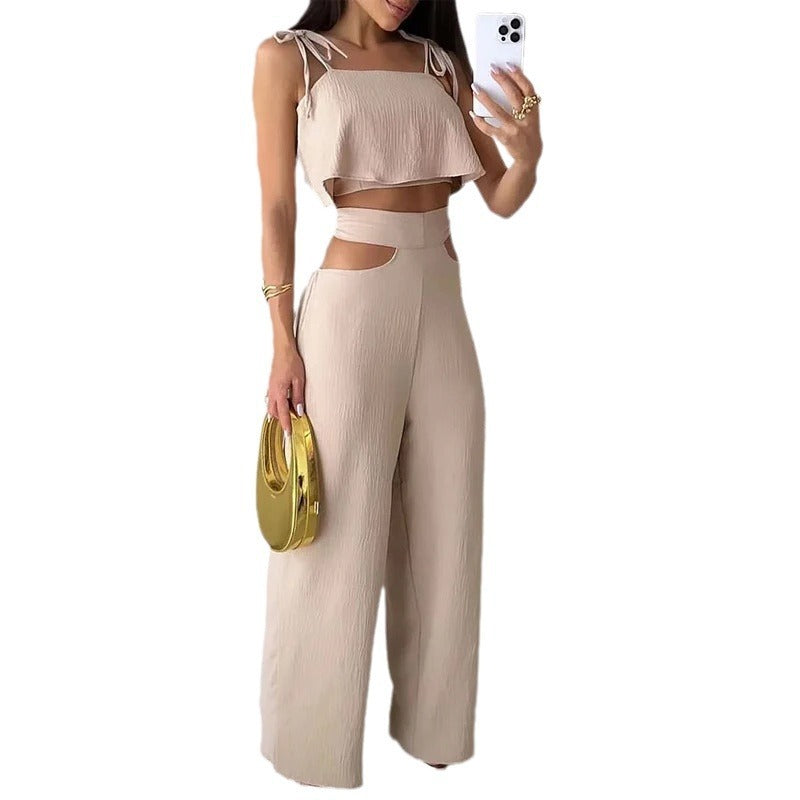 Solid Color Sling Top Hollow-out Trousers Suit