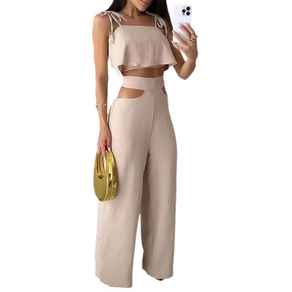 Solid Color Sling Top Hollow-out Trousers Suit