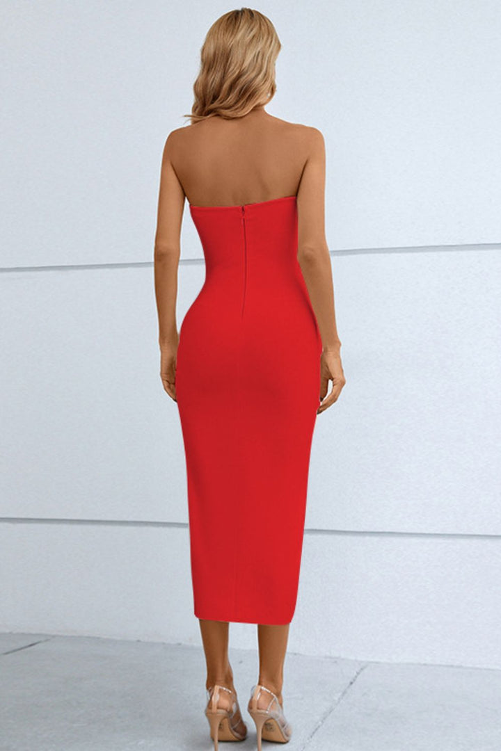 Cutout Strapless Drawstring Detail Split Bandage Dres