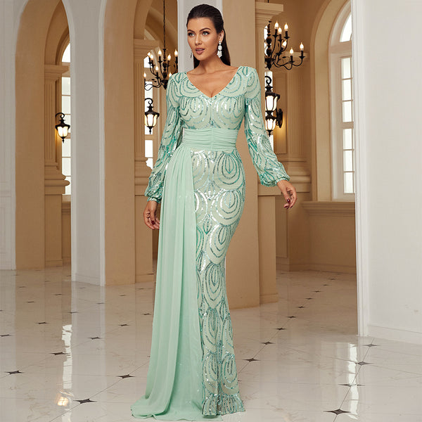 Long Sequined V-neck Banquet Ribbon Evening Dress