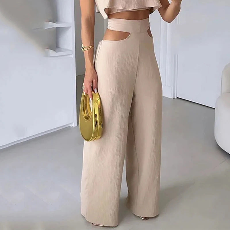 Solid Color Sling Top Hollow-out Trousers Suit