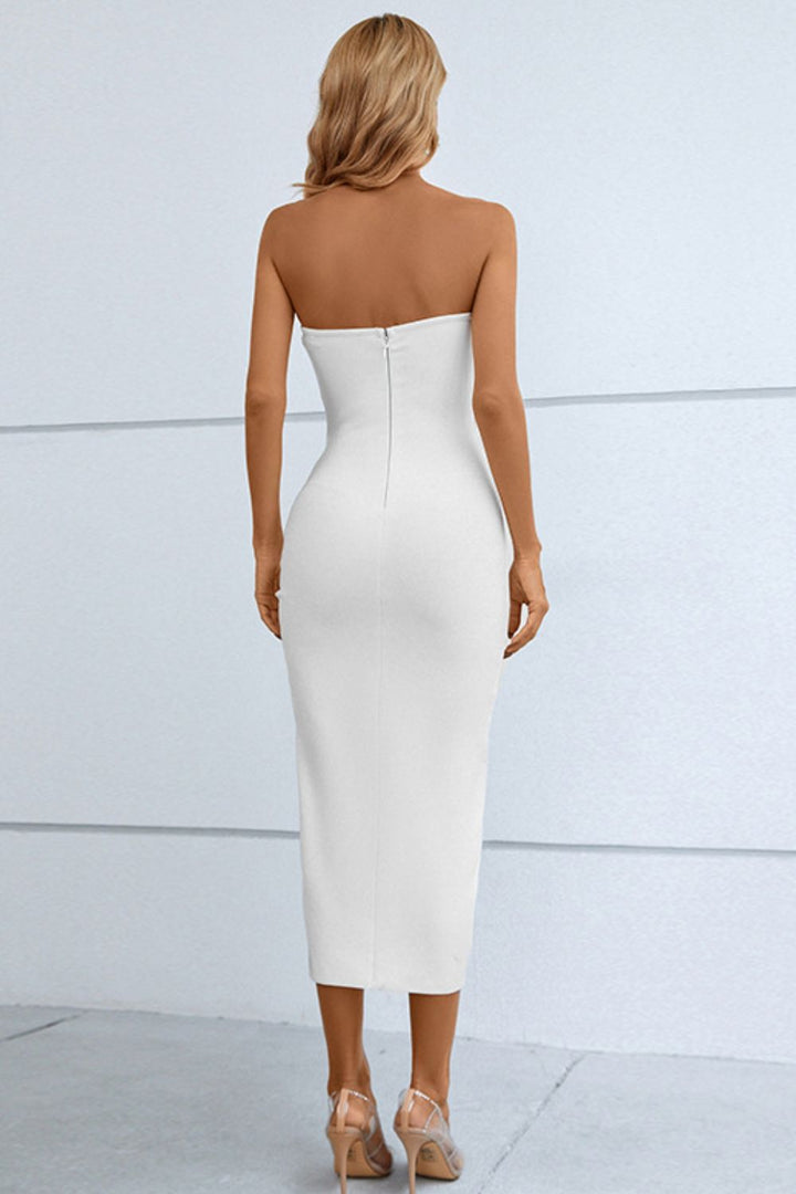 Cutout Strapless Drawstring Detail Split Bandage Dres