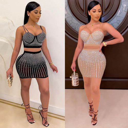 Diamond-encrusted Chest Strap Two-piece Set Two-color Nightclub Uniforms