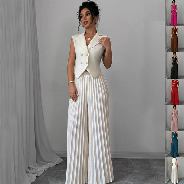 Button Vest Top And Pleated Straight Pants Women's Trousers Set Clothing