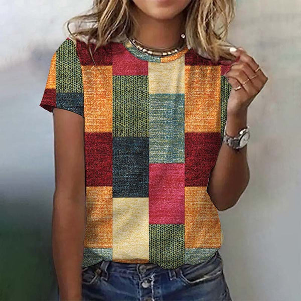 Leisure Color Checkered Short Sleeve Round Neck Top