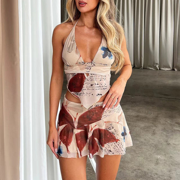 Summer Chic: Sexy V-Neck Halter Top & Pleated Skirt Set