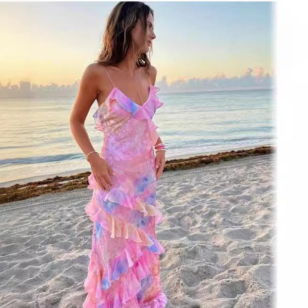 women's fashion printing sexy sling backless lace irregular dress trendy Dress