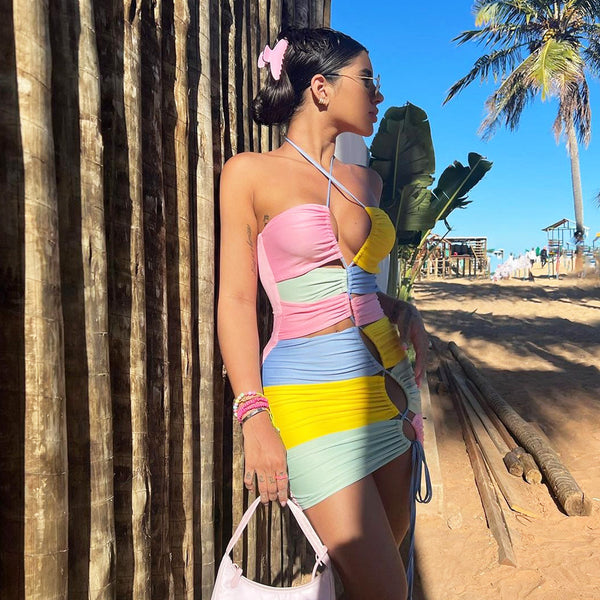 Summer Double-layer Contrast Color Splicing Halter Drawstring Hollow Tight Dress