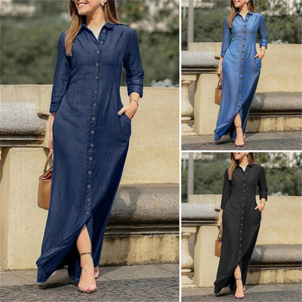 long-sleeved lapel cardigan solid color long denim skirt