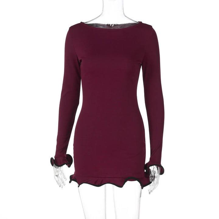 Maroon dress on a mannequin with a white background