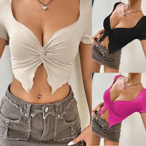Women's Knitted Fabric Twist Pleated Deep V Top