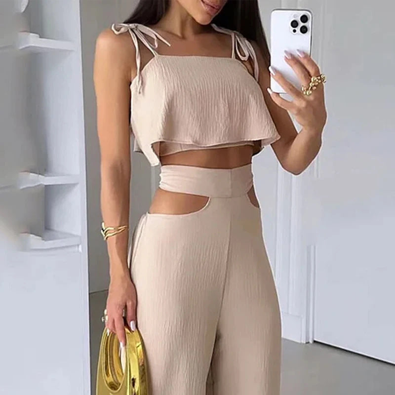 Solid Color Sling Top Hollow-out Trousers Suit