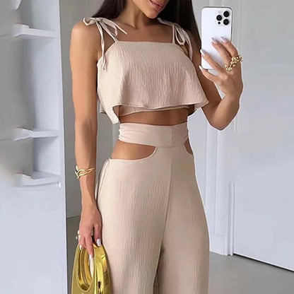 Solid Color Sling Top Hollow-out Trousers Suit