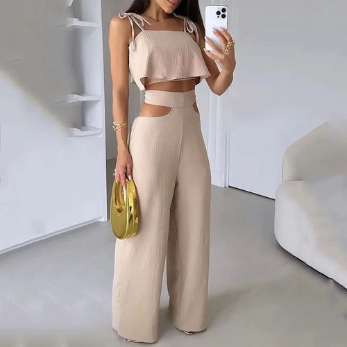 Solid Color Sling Top Hollow-out Trousers Suit