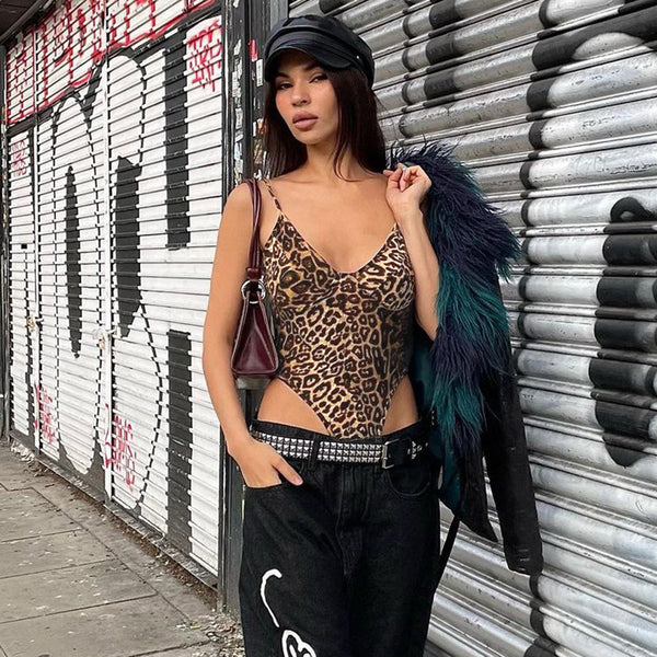 Women's Summer Leopard Print V-neck Sling Backless Bodysuit