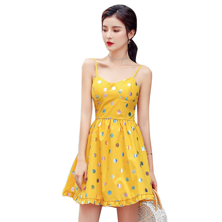 Retro-inspired slim polka dot dress with A-line silhouette