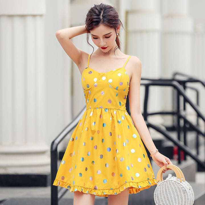 Bodycon style polka dot dress in green, styled for summer